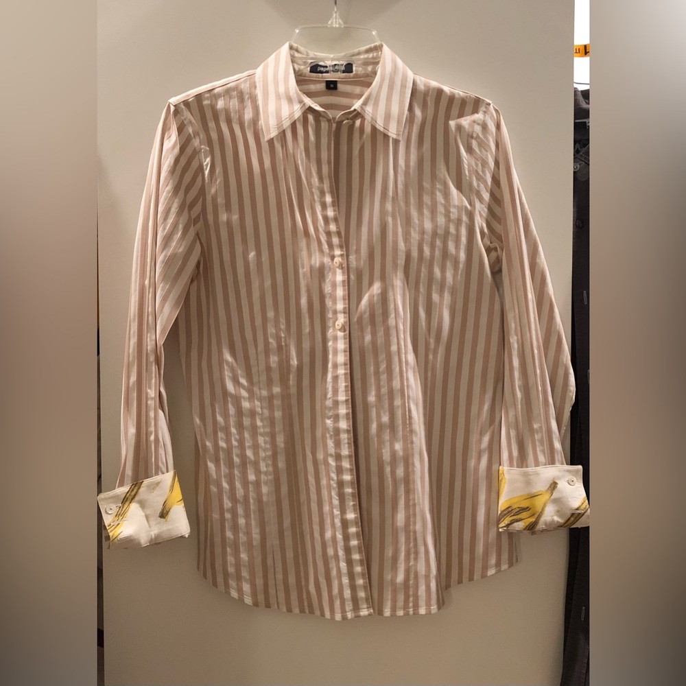 Striped Beige and White blouse with accent cuffs.